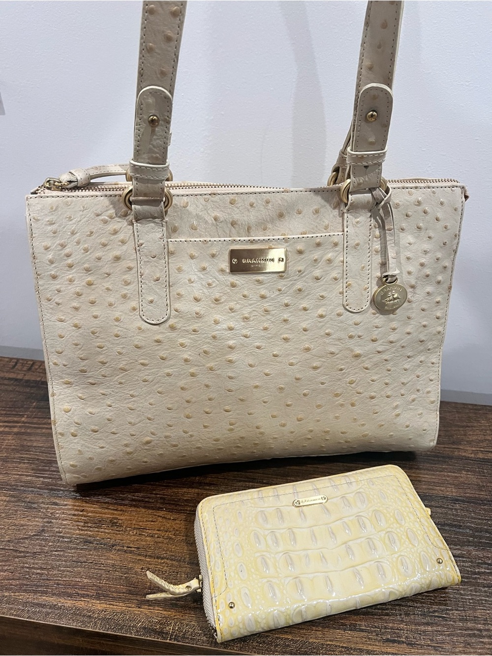 Brahmin Cream Ostrich-Textured Tote with Matching Croc Wallet